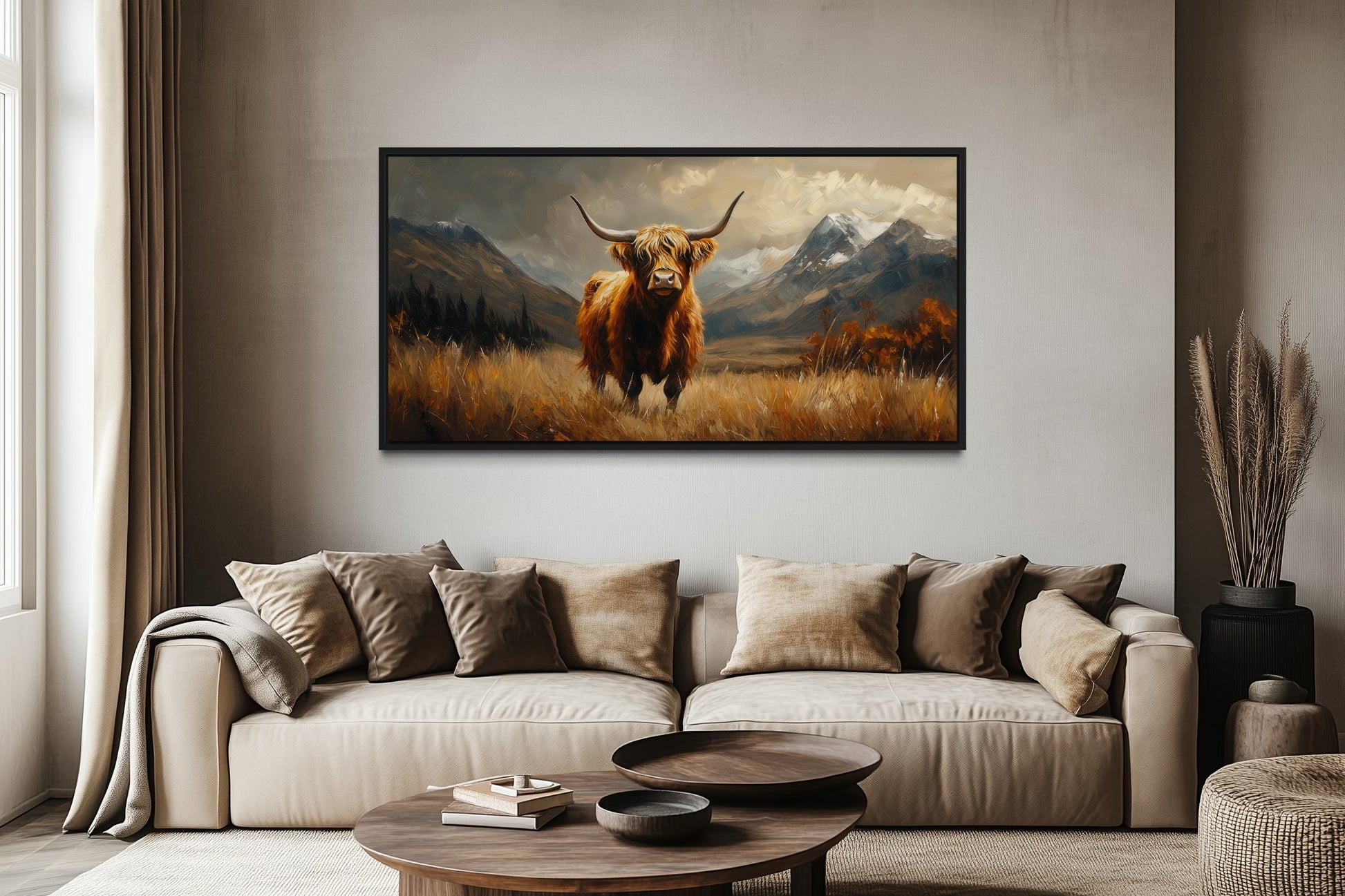 Highland Cow On Brown Landscape Framed Canvas Wall Art