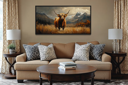 Highland Cow On Brown Landscape Framed Canvas Wall Art