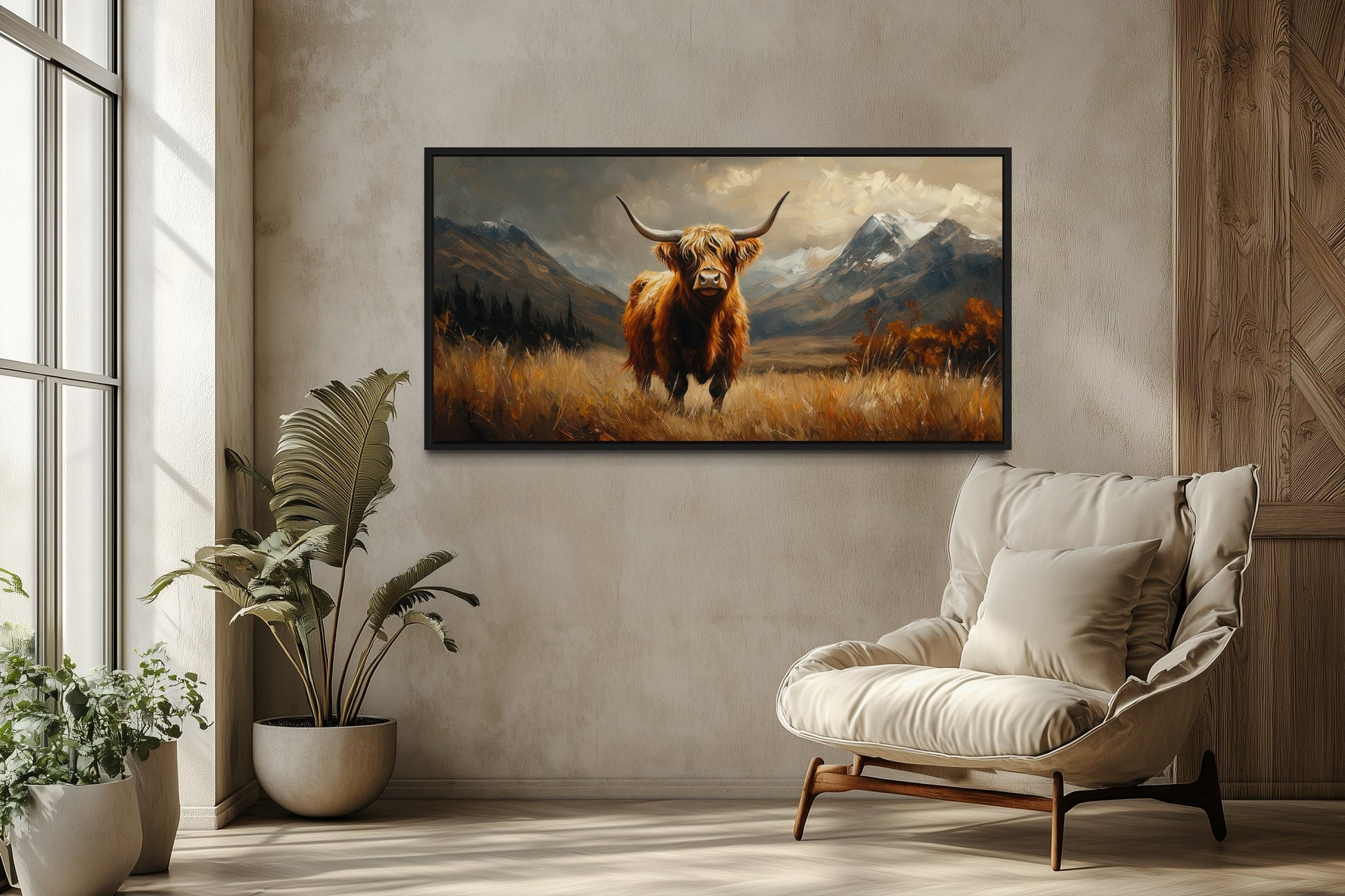 Highland Cow On Brown Landscape Framed Canvas Wall Art