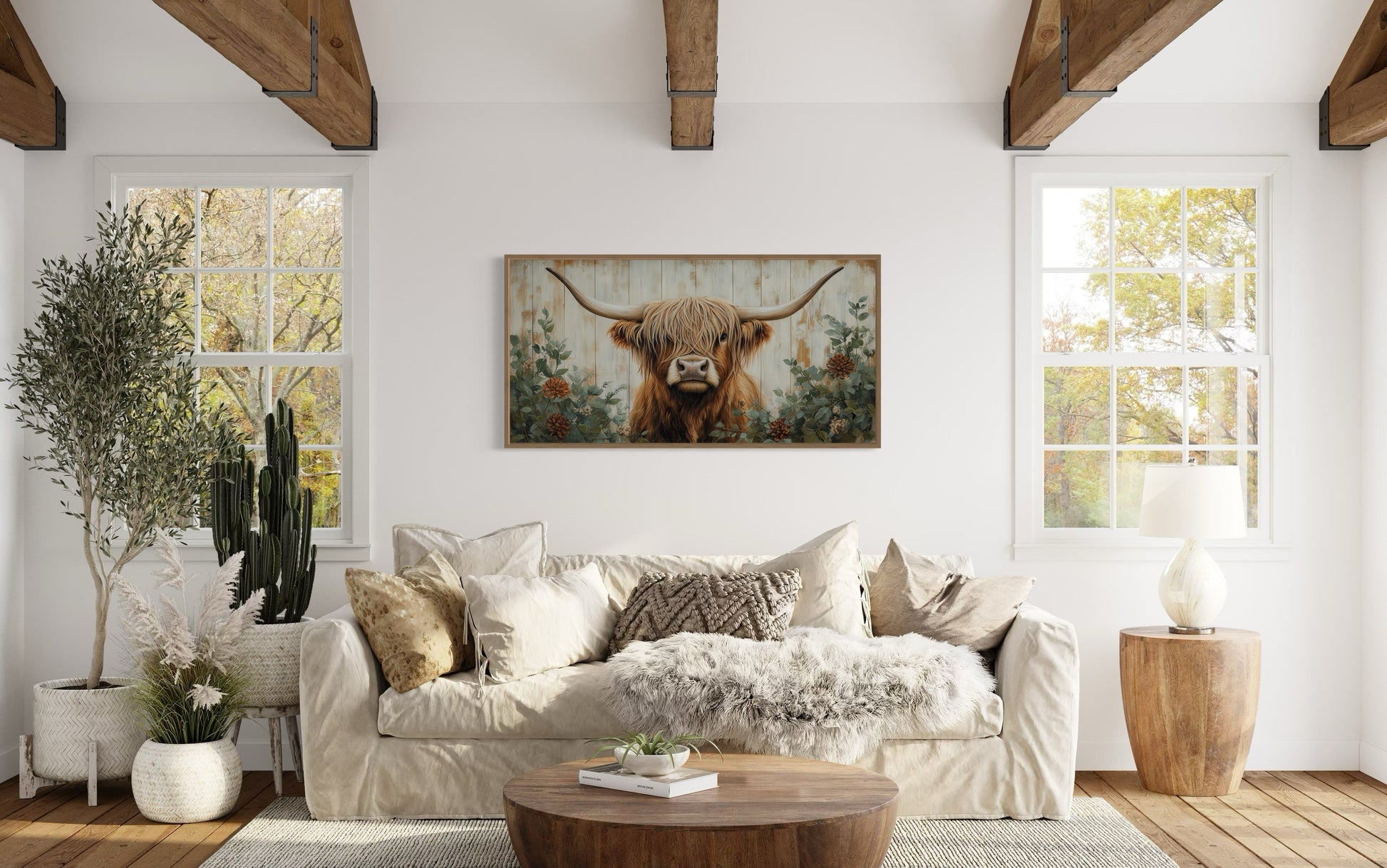 Highland Cow With Flowers Painted On Distressed Wood Framed Canvas Wall Art For Farmhouse Living Room