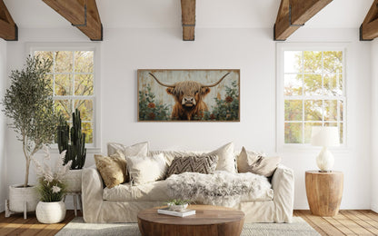 Highland Cow With Flowers Painted On Distressed Wood Framed Canvas Wall Art For Farmhouse Living Room