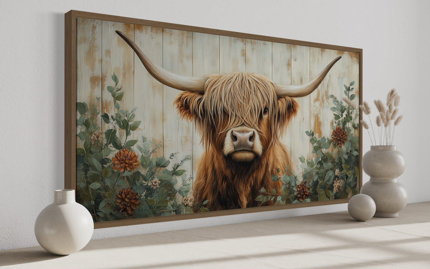 Highland Cow With Flowers Painted On Distressed Wood Framed Canvas Wall Art For Farmhouse Living Room