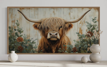 Highland Cow With Flowers Painted On Distressed Wood Framed Canvas Wall Art For Farmhouse Living Room
