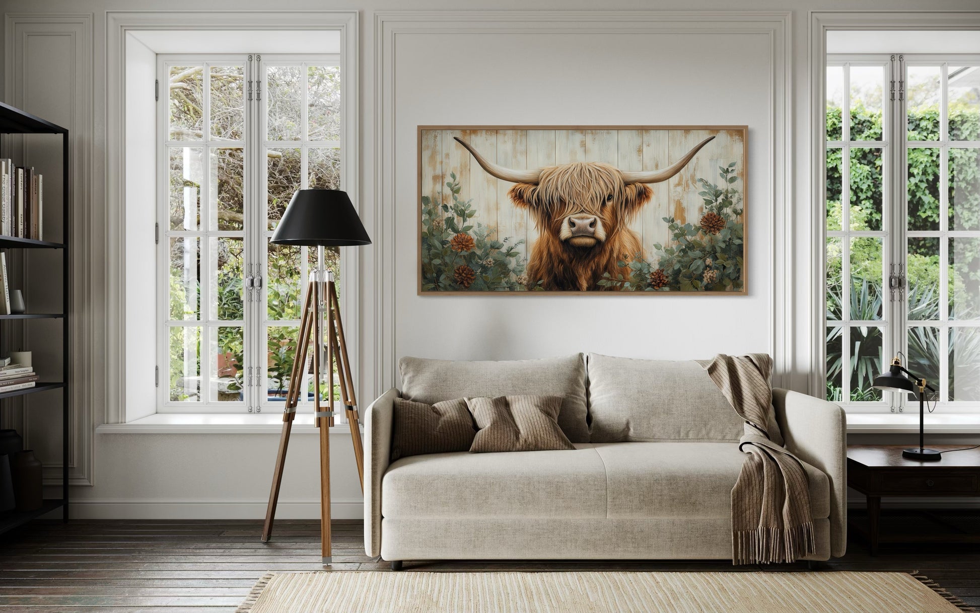 Highland Cow With Flowers Painted On Distressed Wood Framed Canvas Wall Art For Farmhouse Living Room