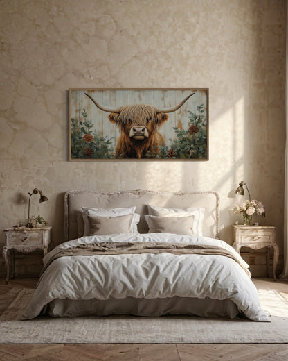 Highland Cow With Flowers Painted On Distressed Wood Framed Canvas Wall Art For Farmhouse Living Room