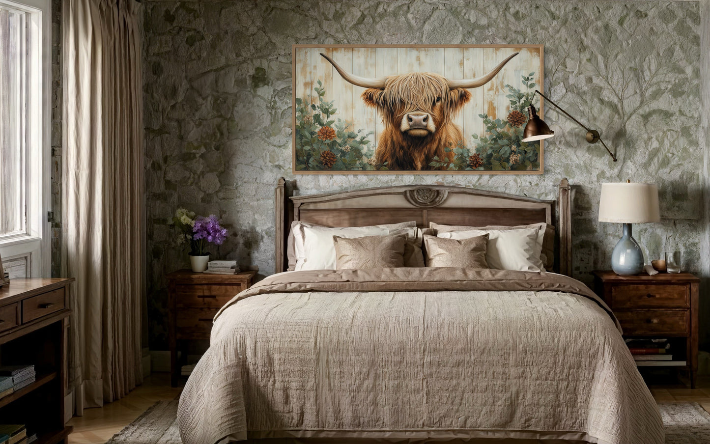 Highland Cow With Flowers Painted On Distressed Wood Framed Canvas Wall Art For Farmhouse Living Room