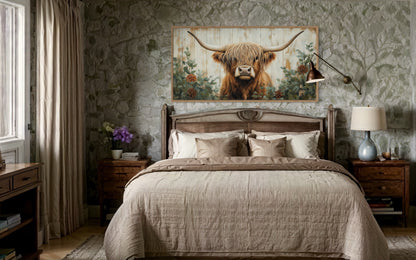 Highland Cow With Flowers Painted On Distressed Wood Framed Canvas Wall Art For Farmhouse Living Room