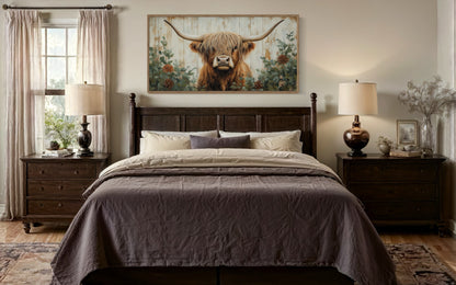 Highland Cow With Flowers Painted On Distressed Wood Framed Canvas Wall Art For Farmhouse Living Room