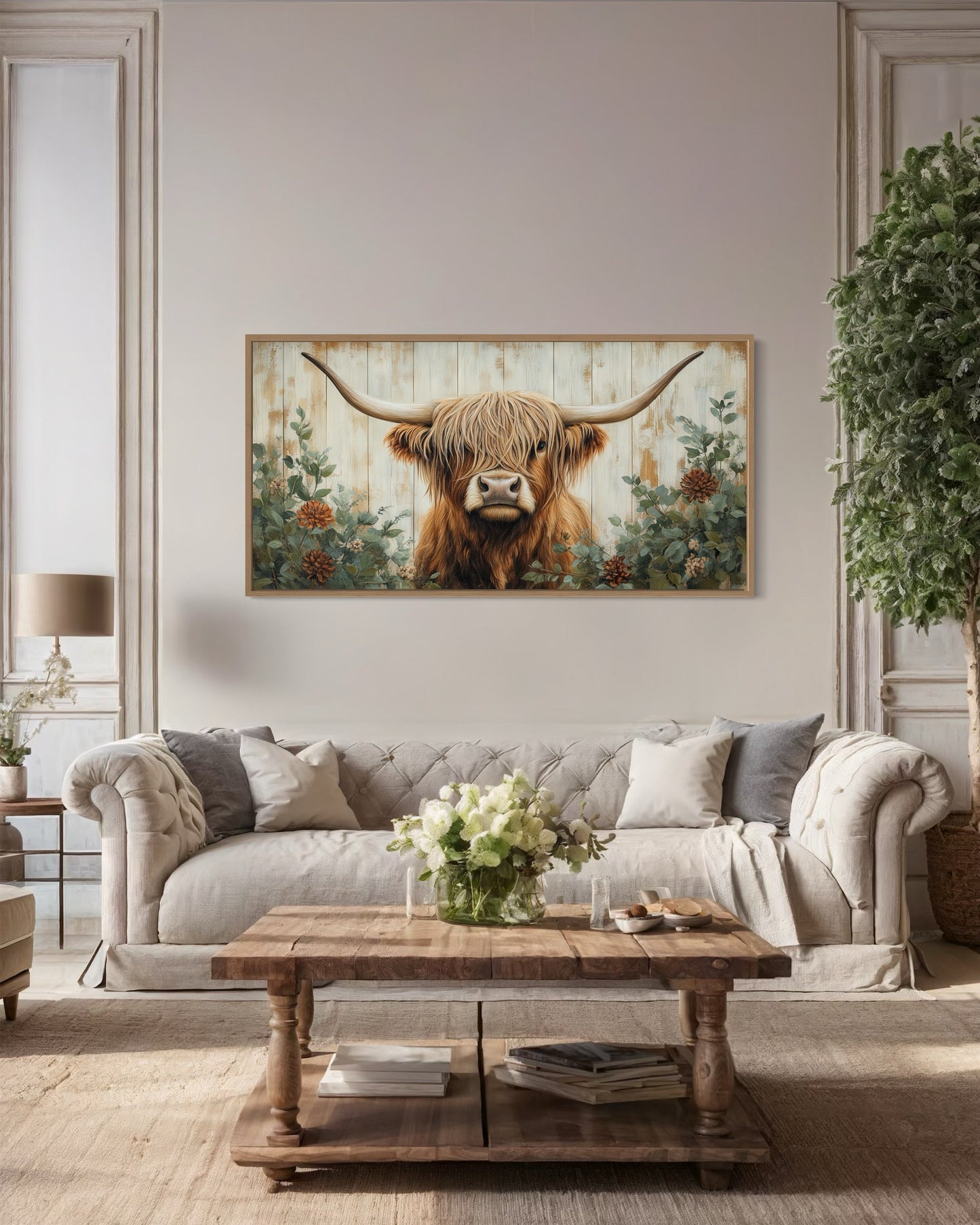 Highland Cow With Flowers Painted On Distressed Wood Framed Canvas Wall Art For Farmhouse Living Room