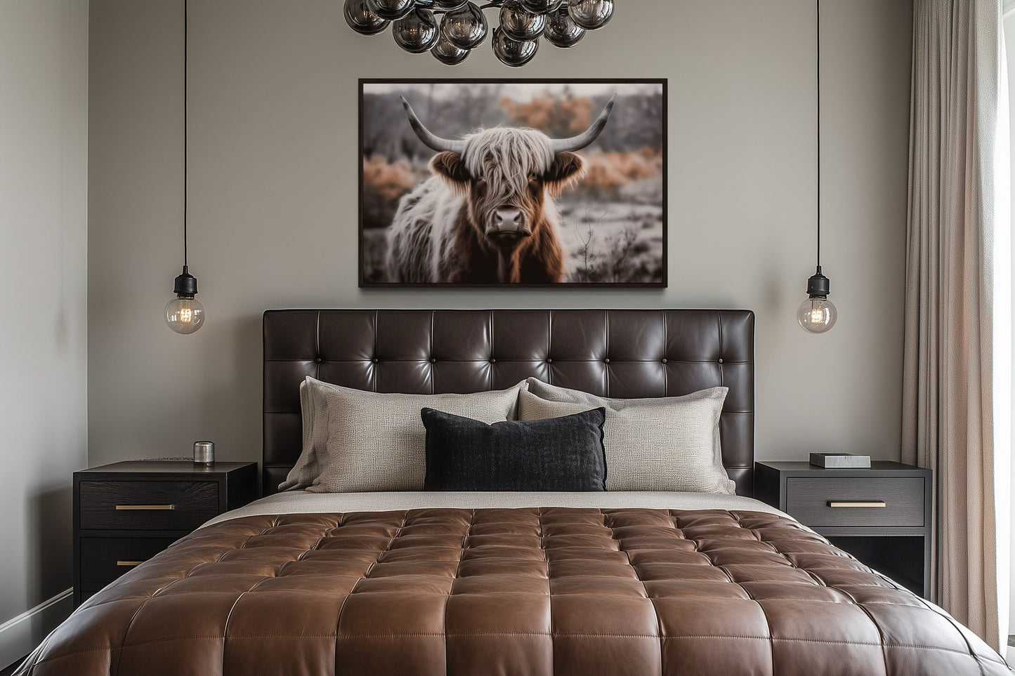 Highland Cow Photography Framed Canvas Wall Art In Sepia Colors