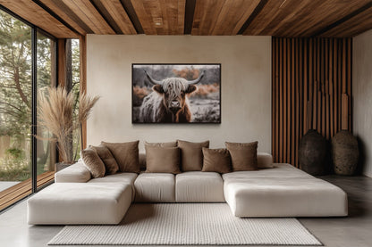 Highland Cow Photography Framed Canvas Wall Art In Sepia Colors