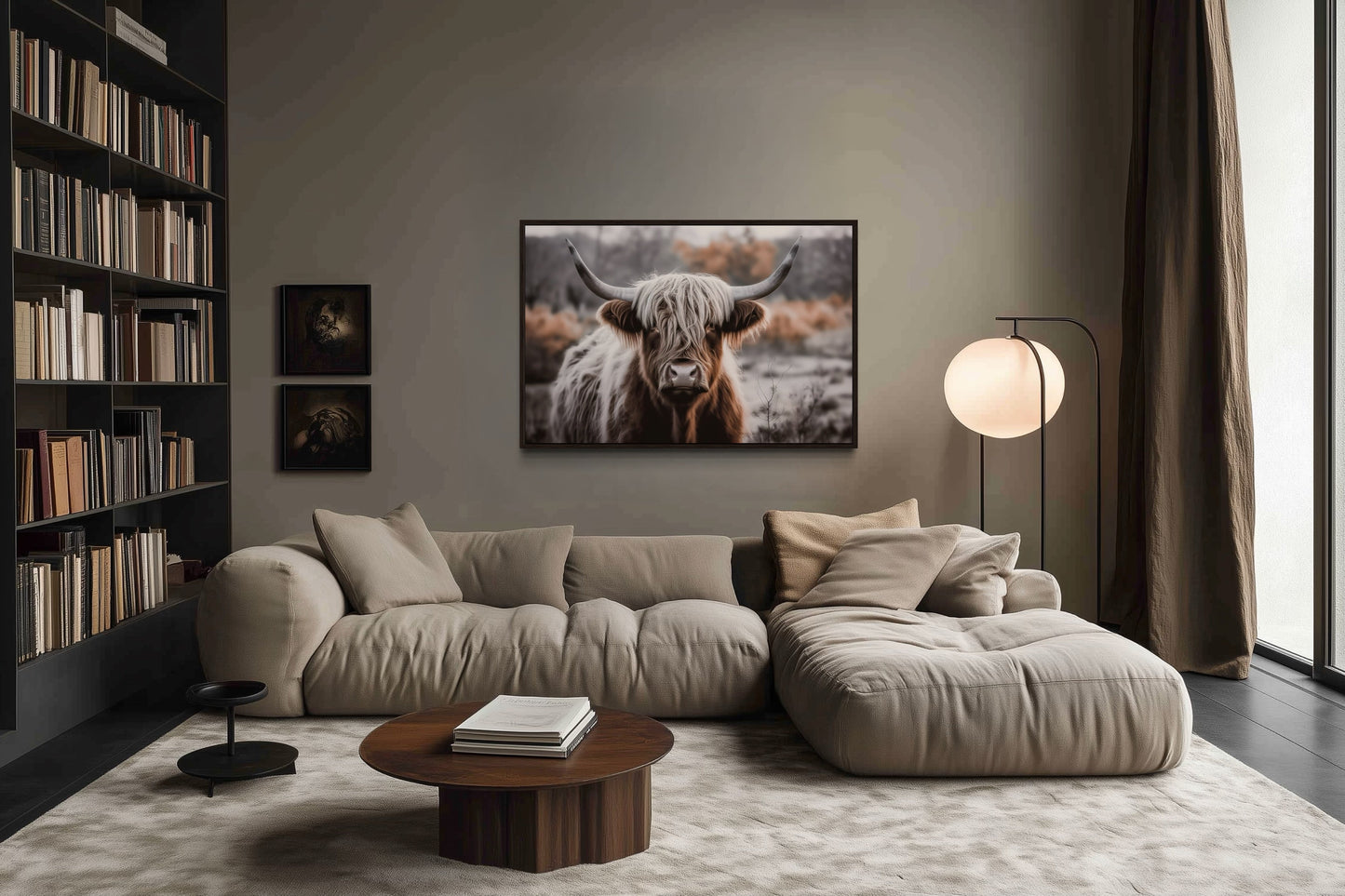 Highland Cow Photography Framed Canvas Wall Art In Sepia Colors