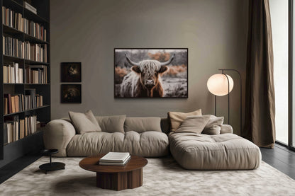 Highland Cow Photography Framed Canvas Wall Art In Sepia Colors