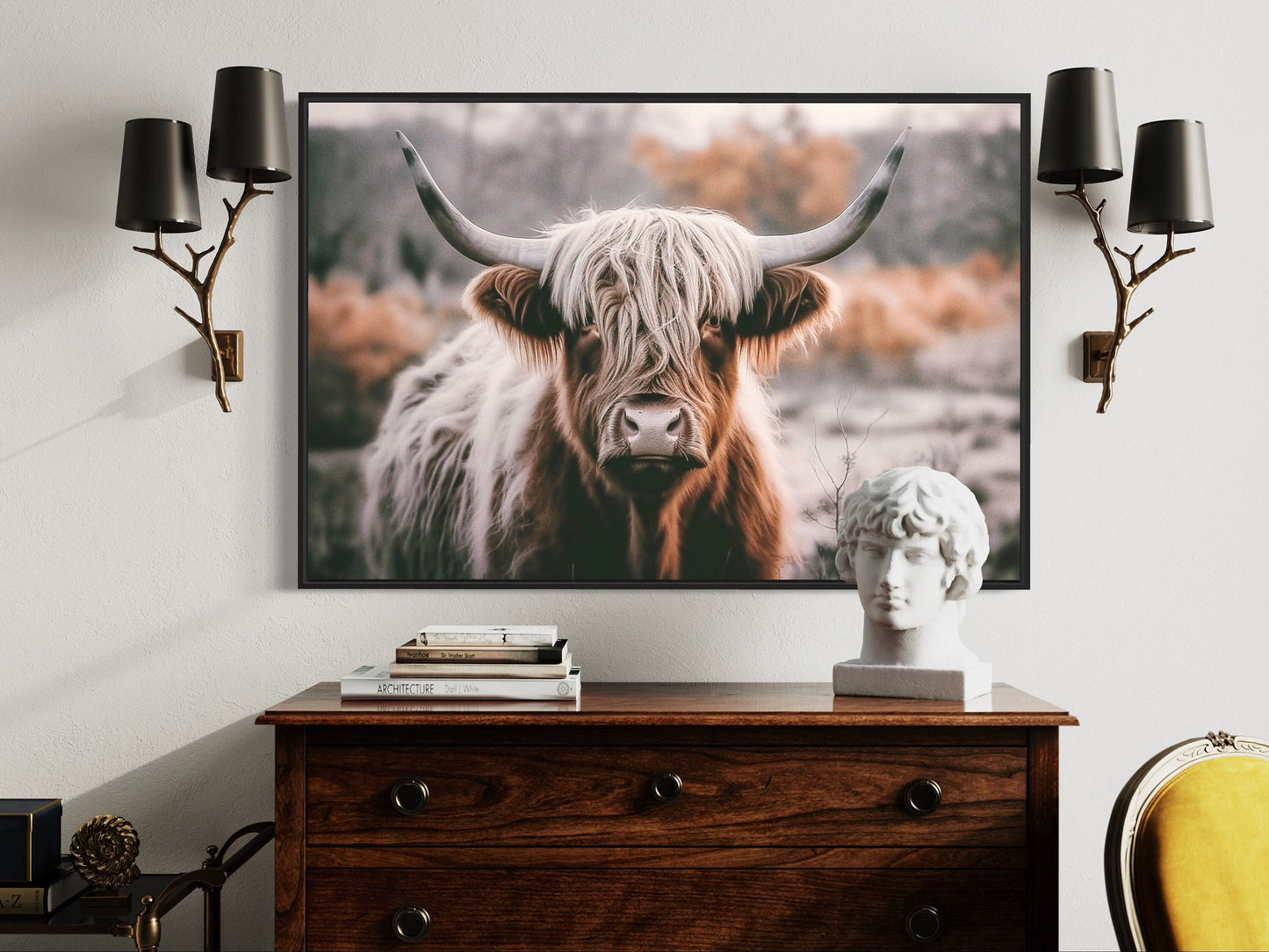 Highland Cow Photography Framed Canvas Wall Art In Sepia Colors