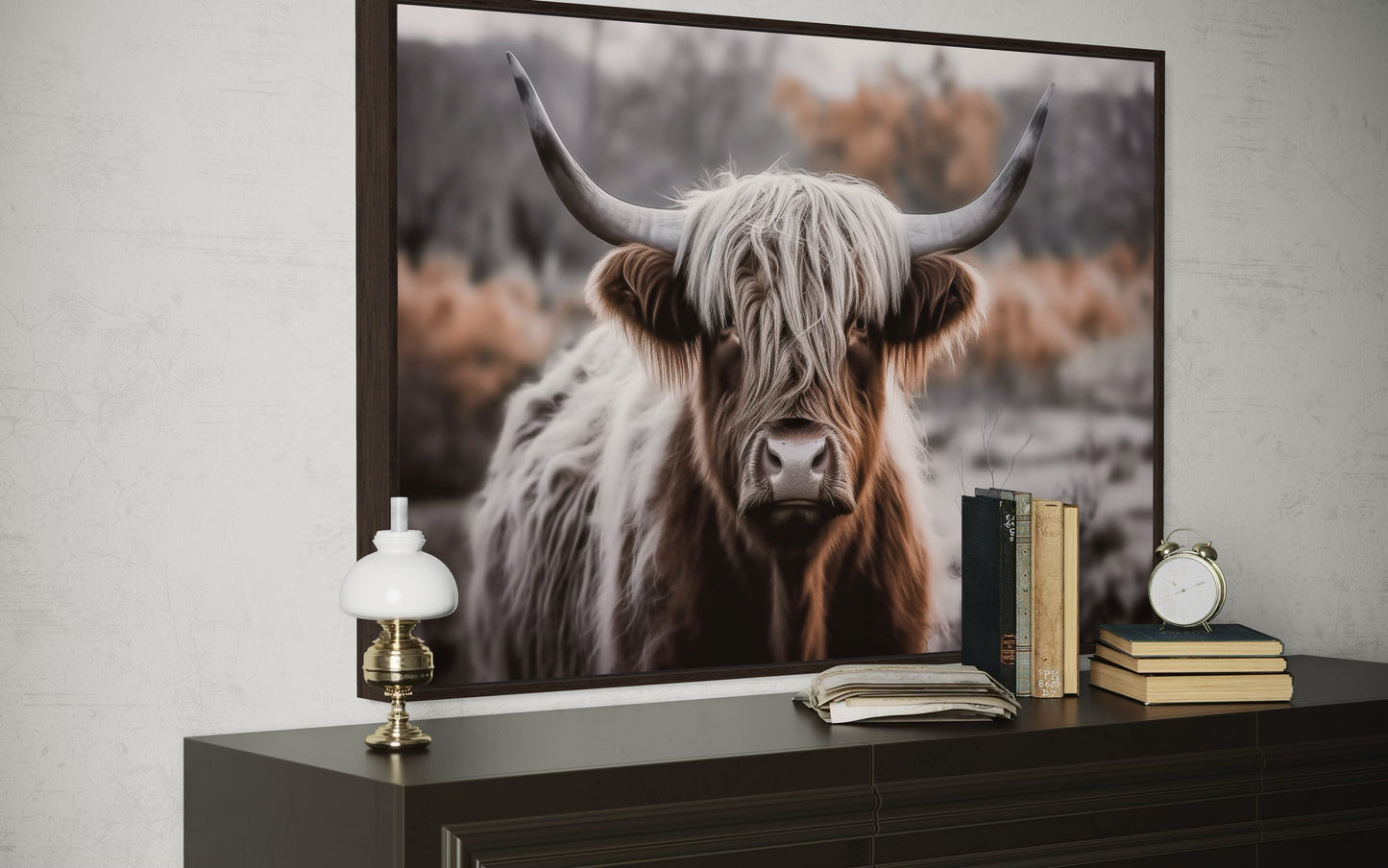 Highland Cow Photography Framed Canvas Wall Art In Sepia Colors
