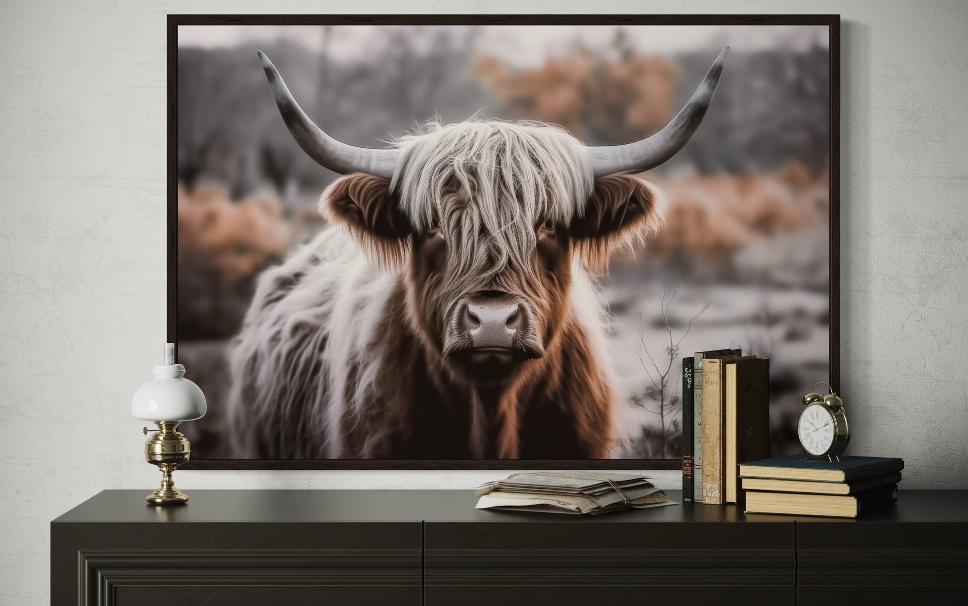 Highland Cow Photography Framed Canvas Wall Art In Sepia Colors