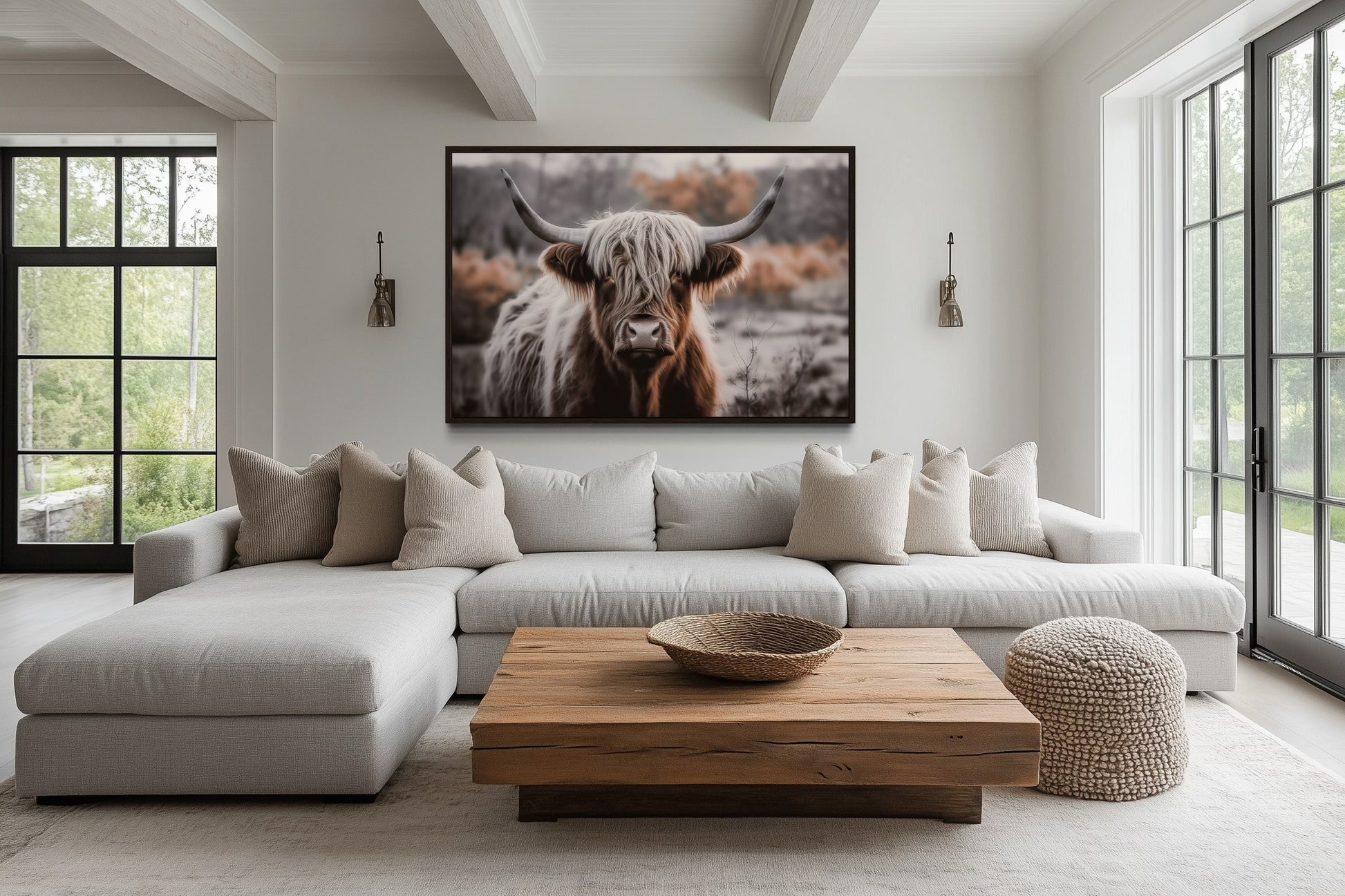 Highland Cow Photography Framed Canvas Wall Art In Sepia Colors