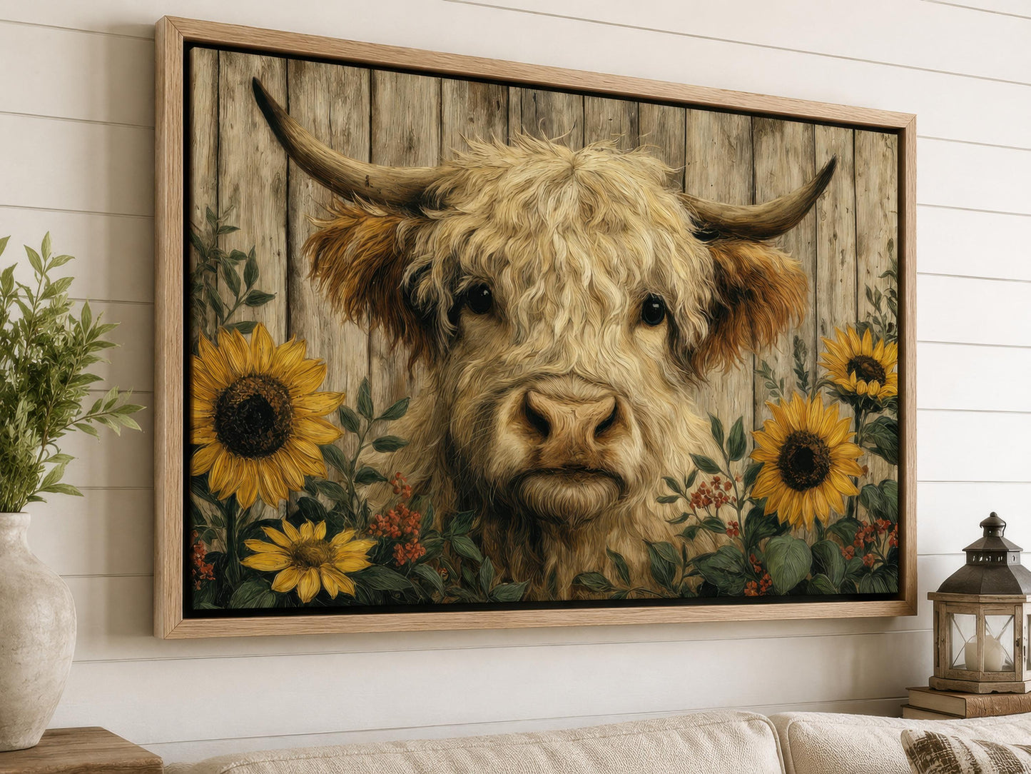 Highland Cow Wall Art – Fluffy Cow Canvas Print With Sunflowers | Rustic Farmhouse Decor