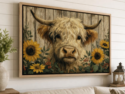 Highland Cow Wall Art – Fluffy Cow Canvas Print With Sunflowers | Rustic Farmhouse Decor
