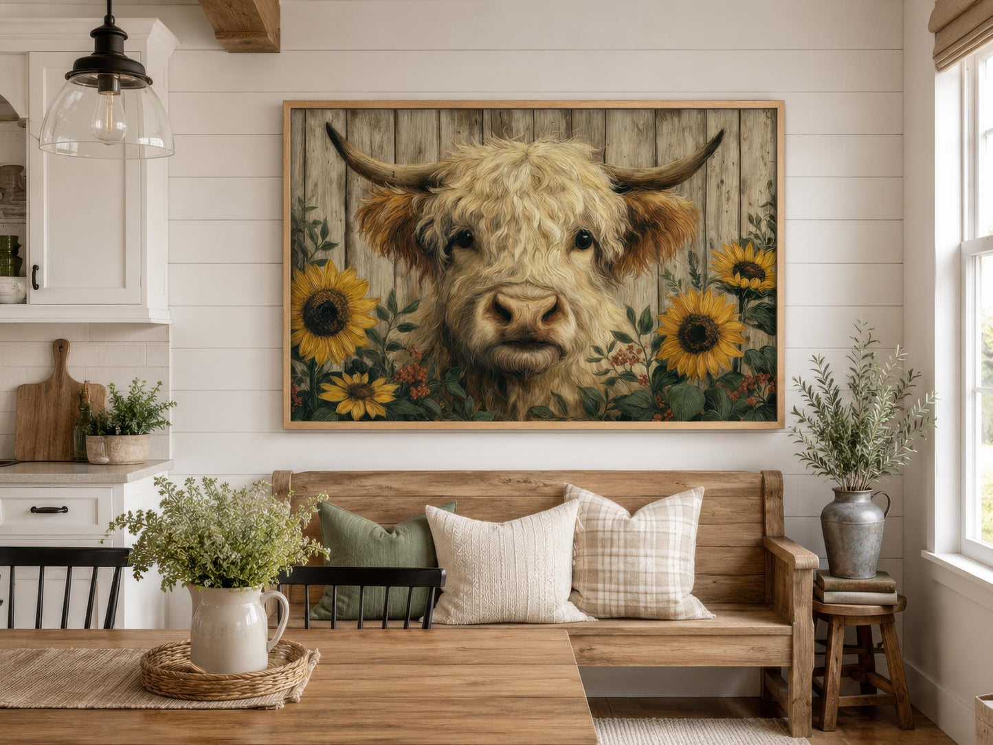 Highland Cow Wall Art – Fluffy Cow Canvas Print With Sunflowers | Rustic Farmhouse Decor
