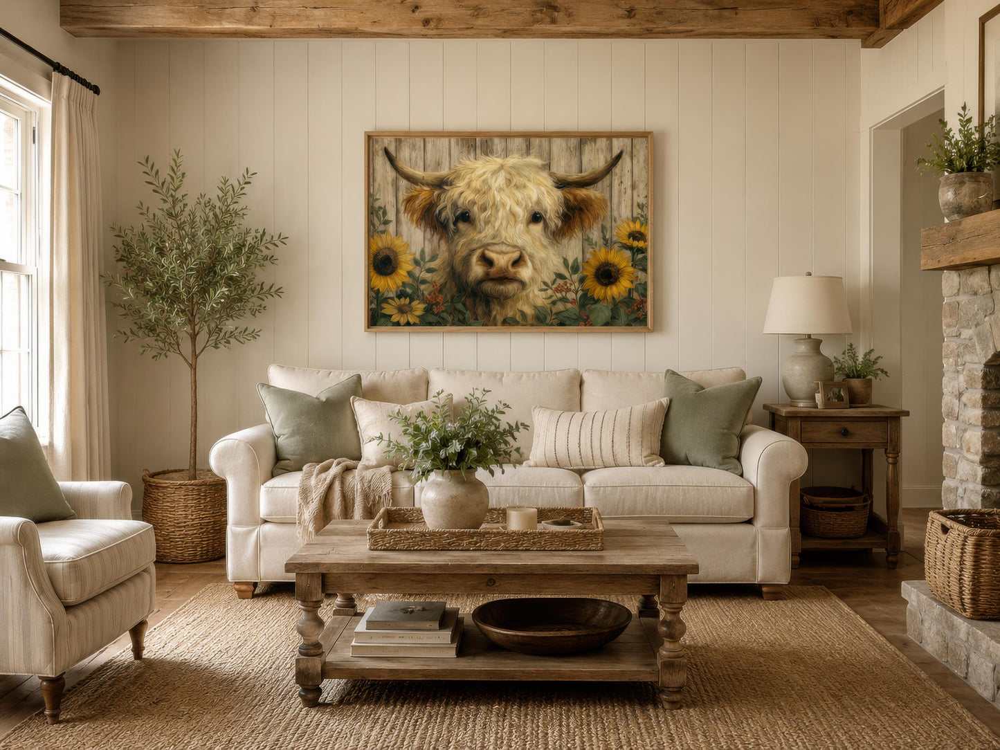 Highland Cow Wall Art – Fluffy Cow Canvas Print With Sunflowers | Rustic Farmhouse Decor
