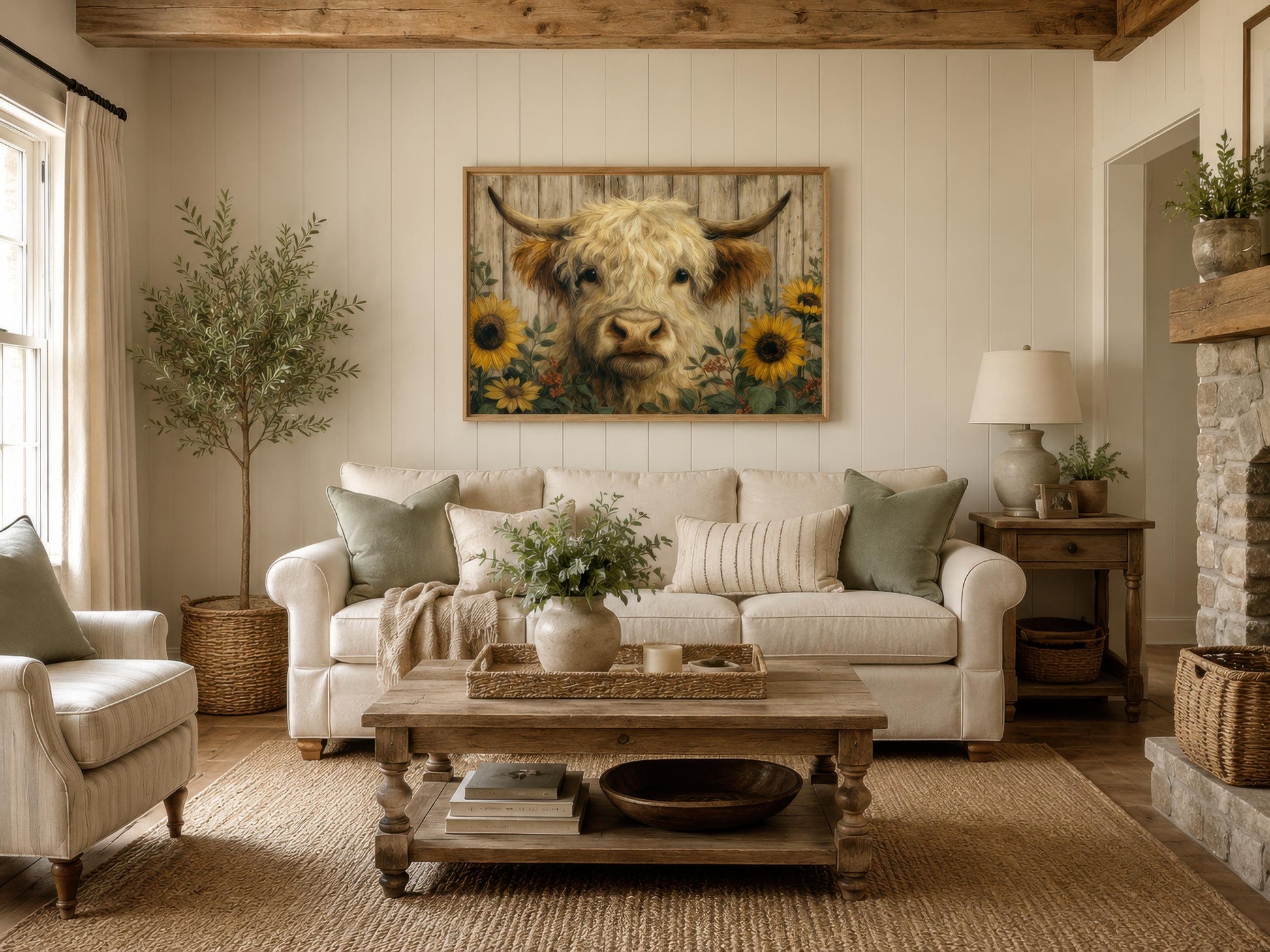 Highland Cow Wall Art – Fluffy Cow Canvas Print With Sunflowers | Rustic Farmhouse Decor