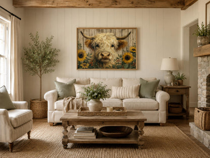 Highland Cow Wall Art – Fluffy Cow Canvas Print With Sunflowers | Rustic Farmhouse Decor