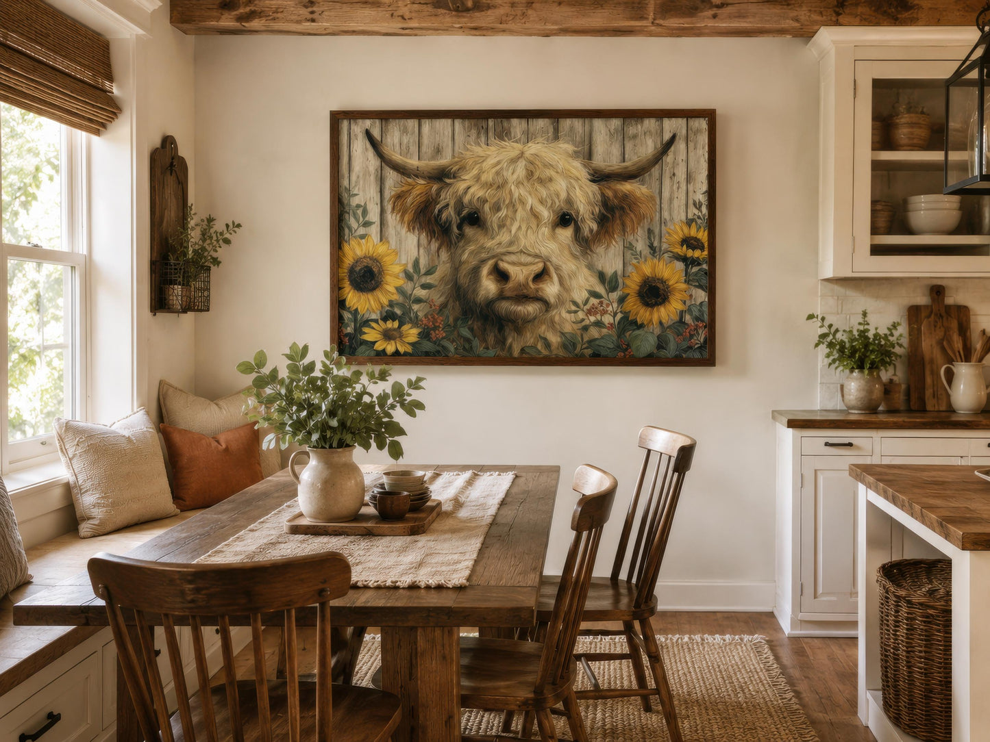 Highland Cow Wall Art – Fluffy Cow Canvas Print With Sunflowers | Rustic Farmhouse Decor