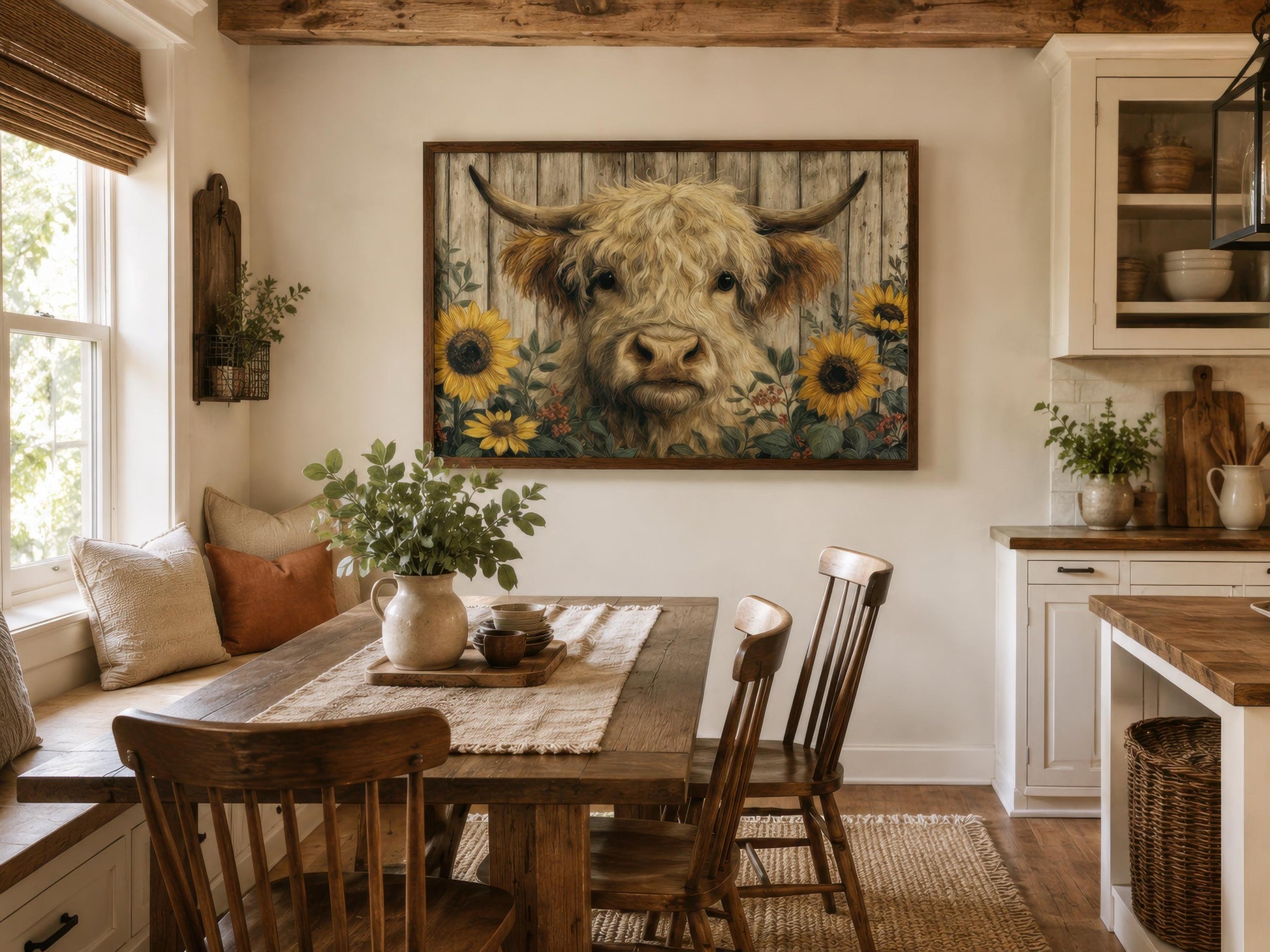 Highland Cow Wall Art – Fluffy Cow Canvas Print With Sunflowers | Rustic Farmhouse Decor