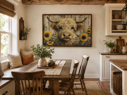 Highland Cow Wall Art – Fluffy Cow Canvas Print With Sunflowers | Rustic Farmhouse Decor