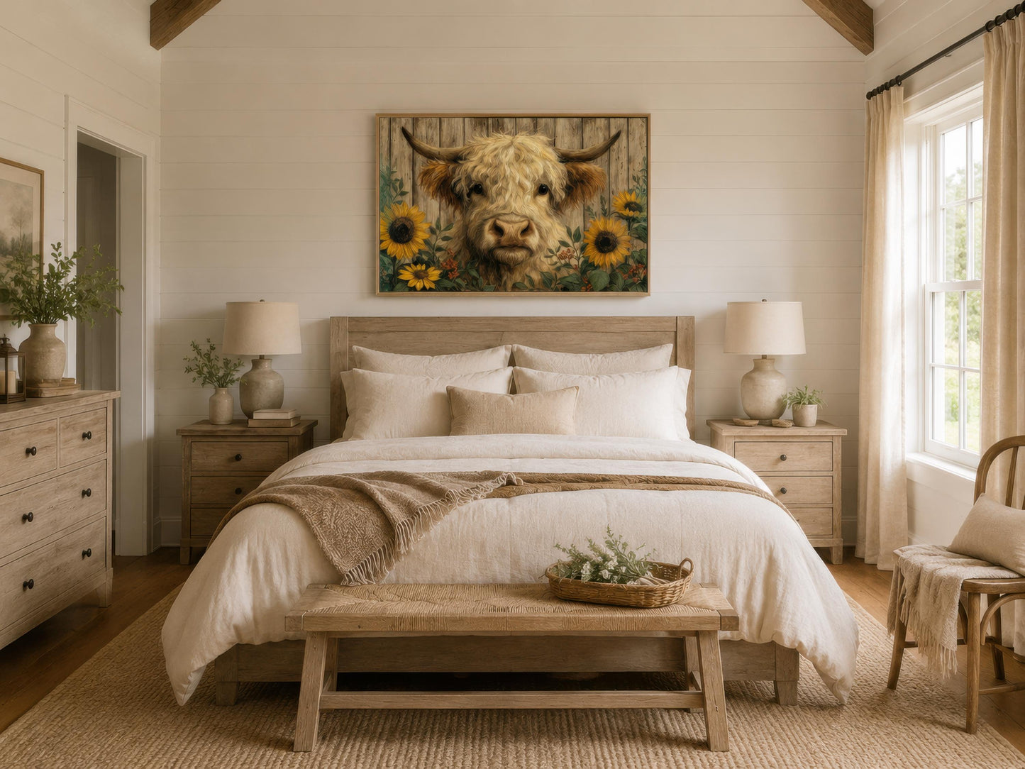 Highland Cow Wall Art – Fluffy Cow Canvas Print With Sunflowers | Rustic Farmhouse Decor