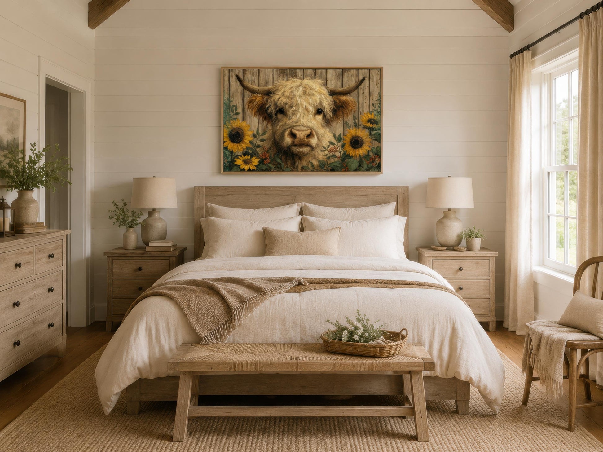Highland Cow Wall Art – Fluffy Cow Canvas Print With Sunflowers | Rustic Farmhouse Decor
