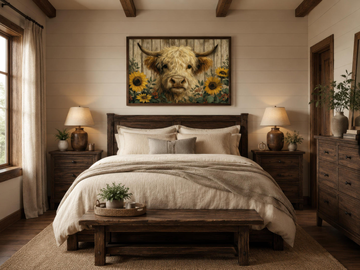 Highland Cow Wall Art – Fluffy Cow Canvas Print With Sunflowers | Rustic Farmhouse Decor