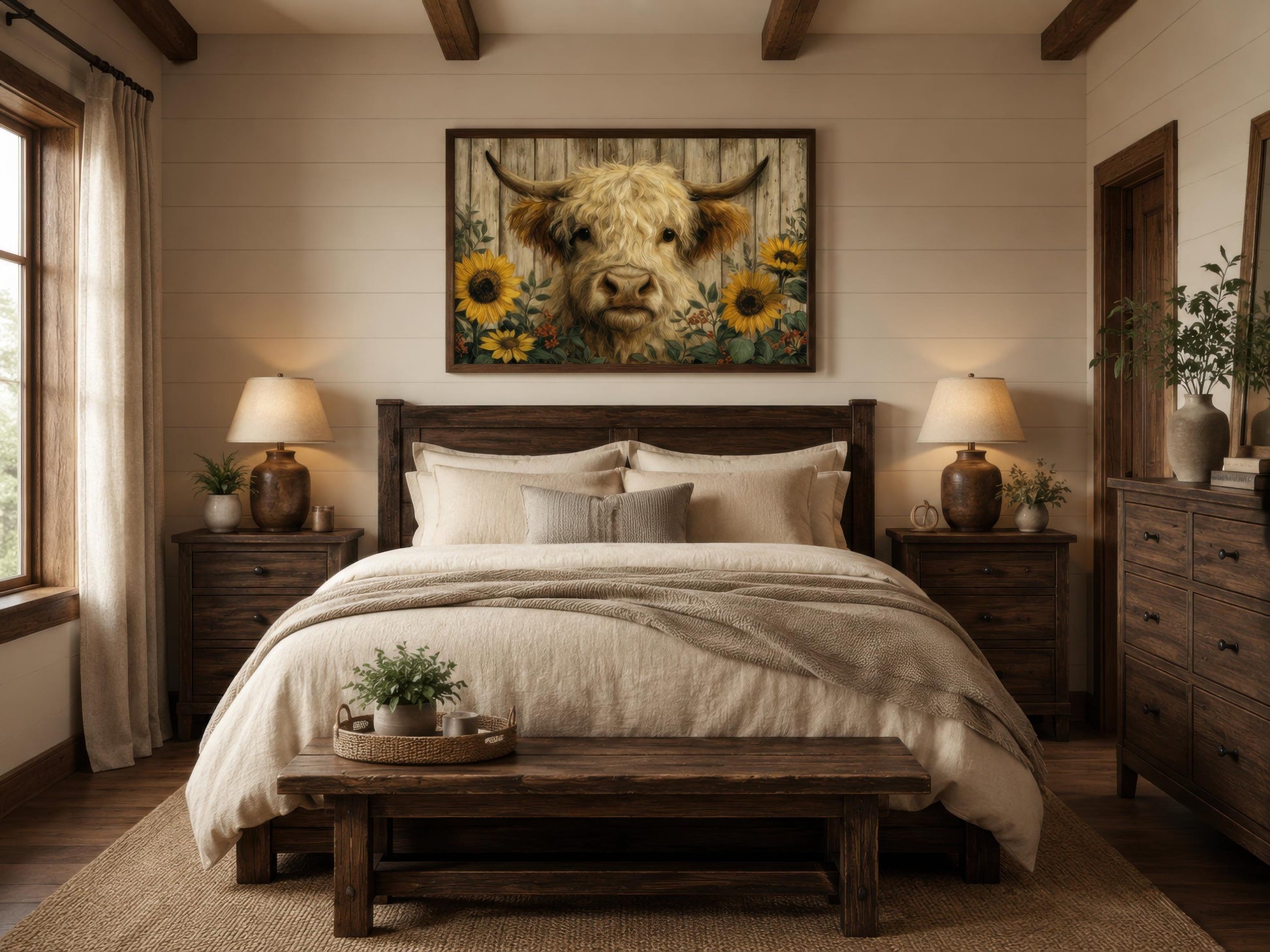 Highland Cow Wall Art – Fluffy Cow Canvas Print With Sunflowers | Rustic Farmhouse Decor