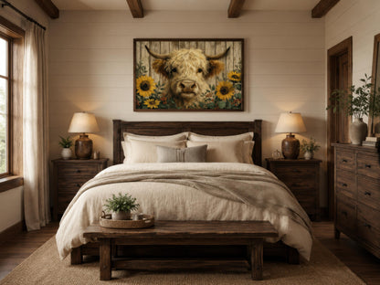 Highland Cow Wall Art – Fluffy Cow Canvas Print With Sunflowers | Rustic Farmhouse Decor