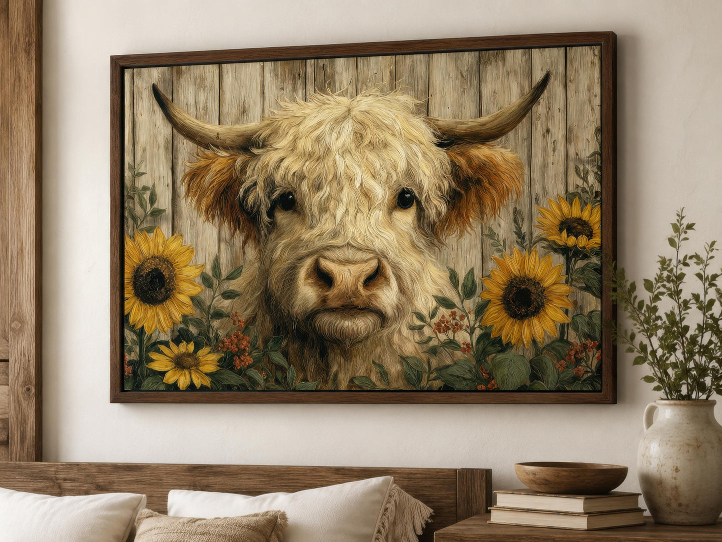 Highland Cow Wall Art – Fluffy Cow Canvas Print With Sunflowers | Rustic Farmhouse Decor