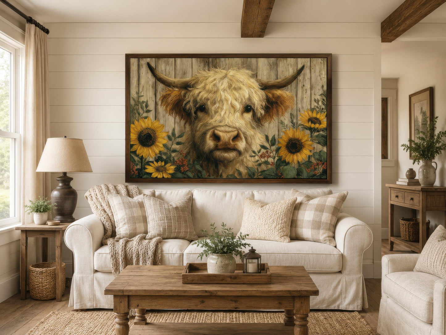 Highland Cow Wall Art – Fluffy Cow Canvas Print With Sunflowers | Rustic Farmhouse Decor