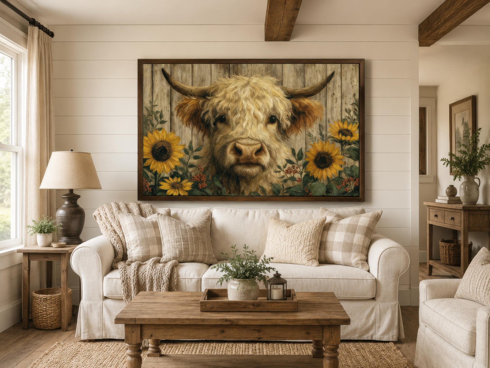 Highland Cow Wall Art – Fluffy Cow Canvas Print With Sunflowers | Rustic Farmhouse Decor