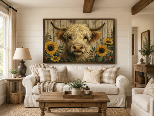 Highland Cow Wall Art – Fluffy Cow Canvas Print With Sunflowers | Rustic Farmhouse Decor