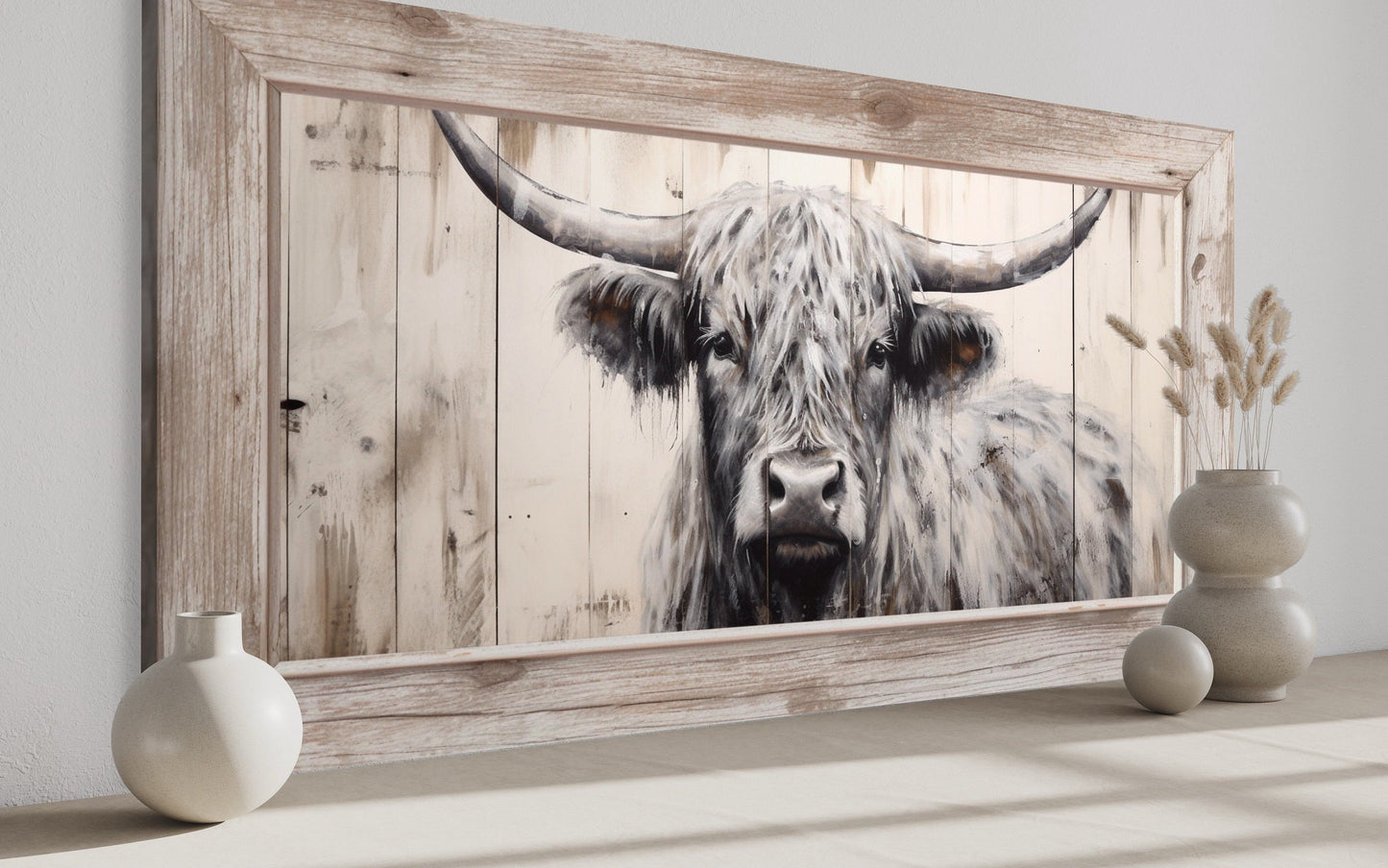 Highland Cow Wall Art - Rustic Farmhouse Decor Framed Canvas Print With Natural Wood Texture