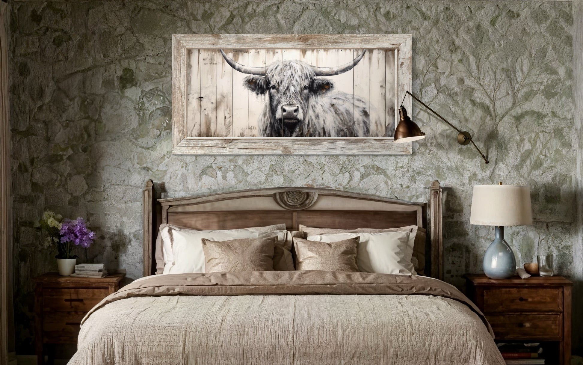 Highland Cow Wall Art - Rustic Farmhouse Decor Framed Canvas Print With Natural Wood Texture