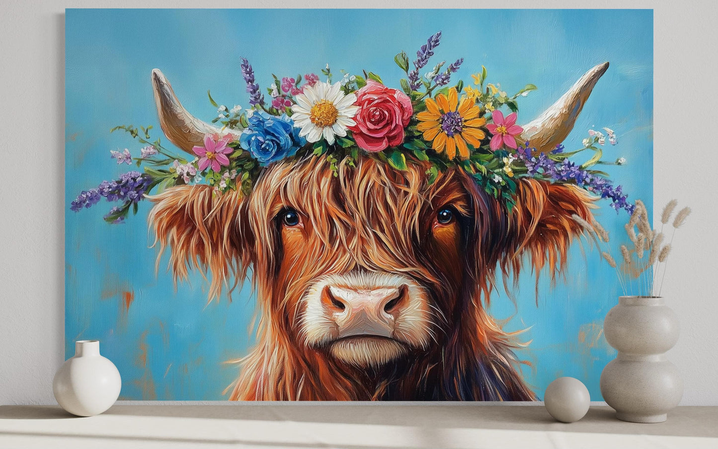 Highland Cow With Floral Wreath Farmhouse Canvas Wall Art