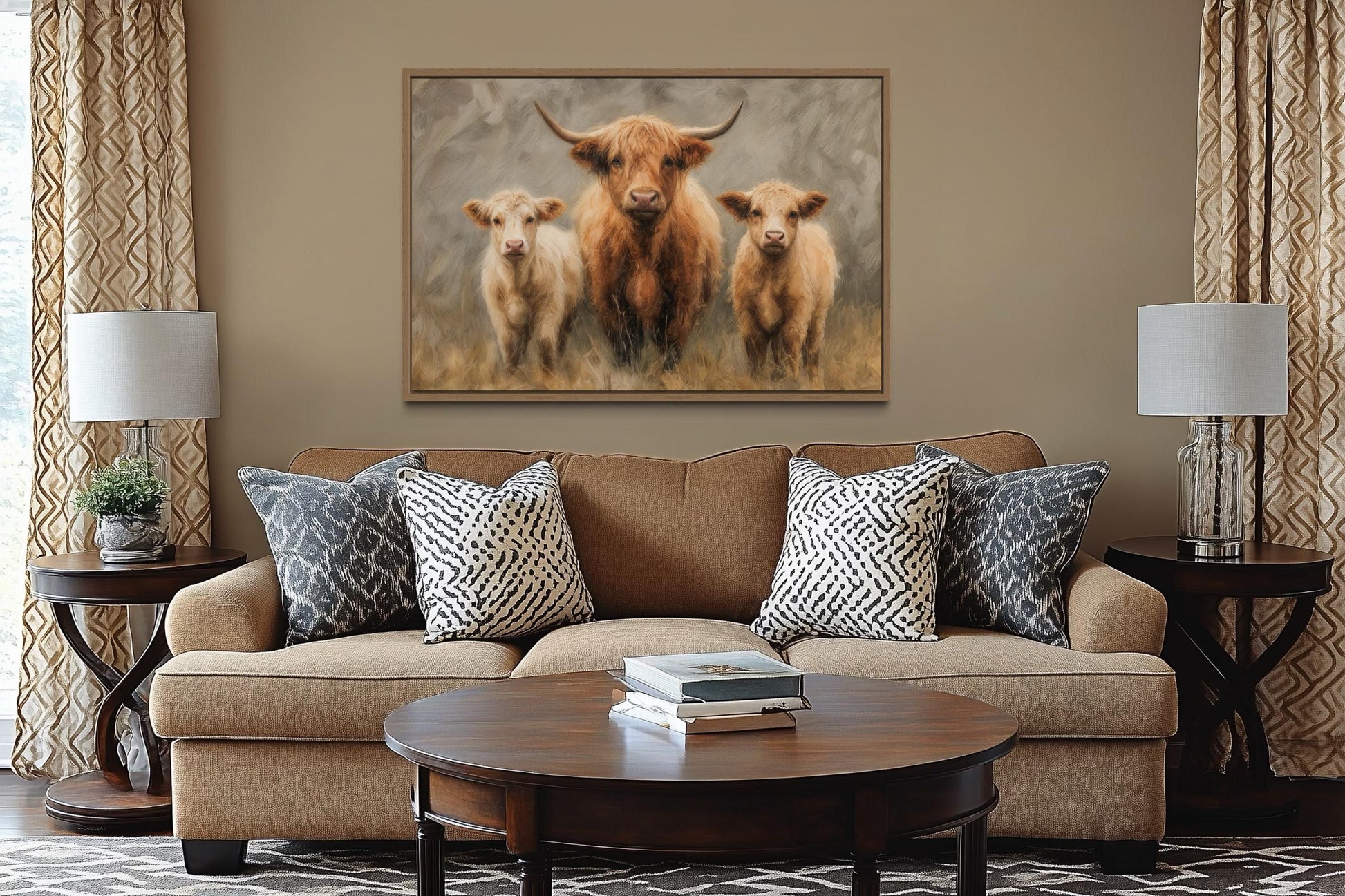 Highland Cow and Two Calves Canvas Wall Art