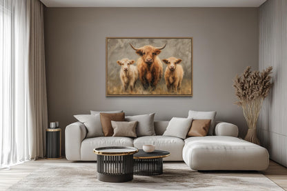 Highland Cow and Two Calves Canvas Wall Art