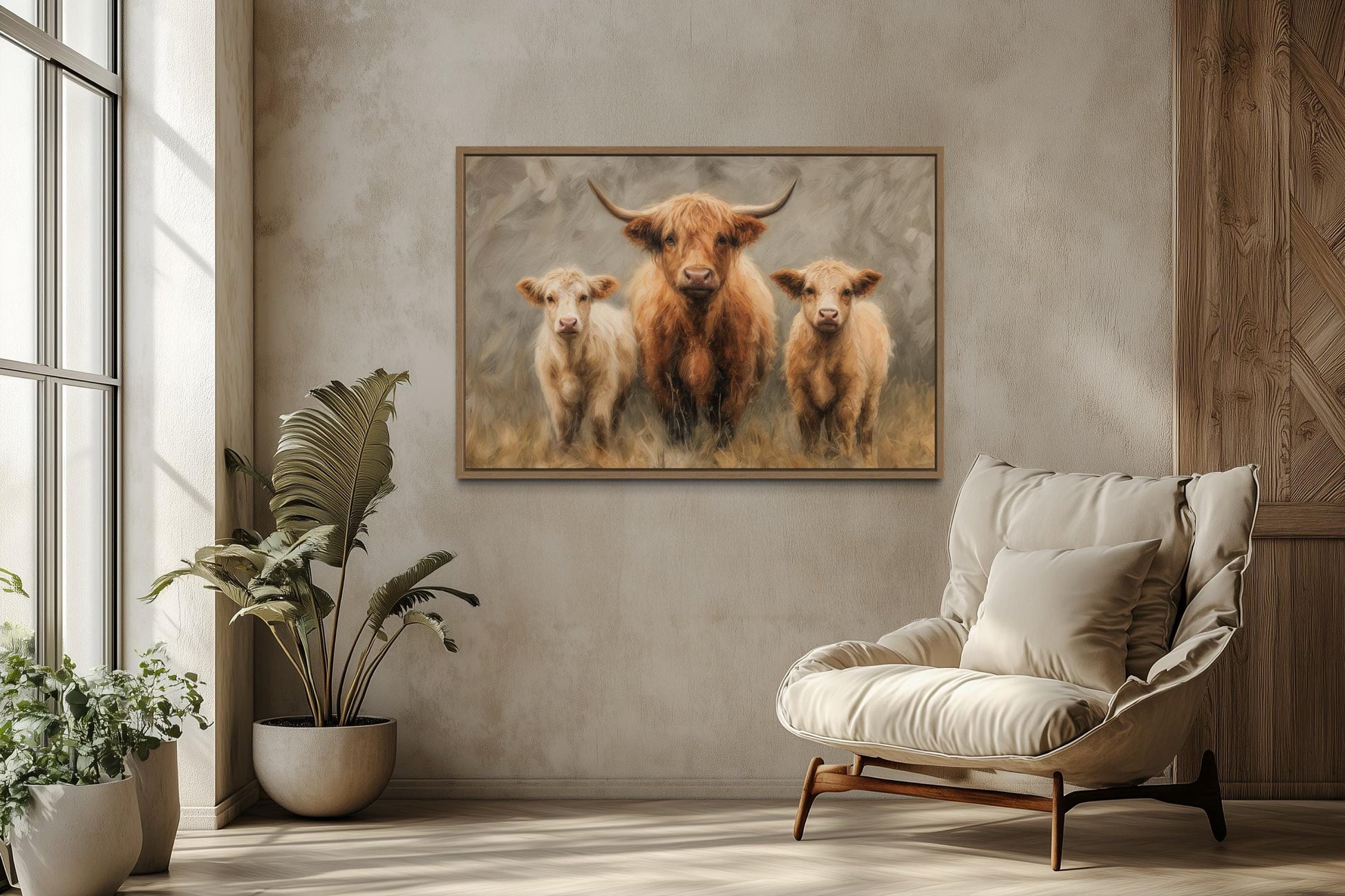 Highland Cow and Two Calves Canvas Wall Art