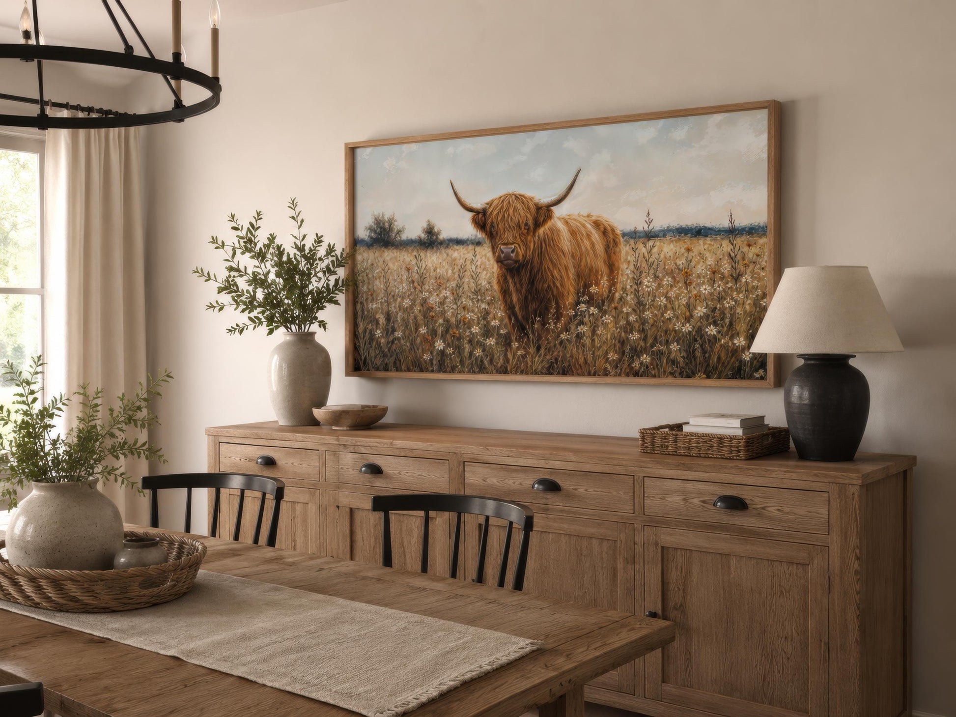 Highland Cow in Wildflower Meadow Wall Art - Rustic Farmhouse Canvas Print