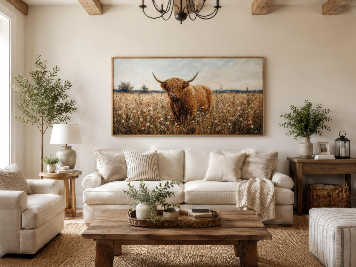 Highland Cow in Wildflower Meadow Wall Art - Rustic Farmhouse Canvas Print