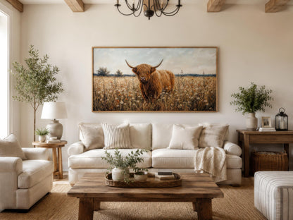 Highland Cow in Wildflower Meadow Wall Art - Rustic Farmhouse Canvas Print