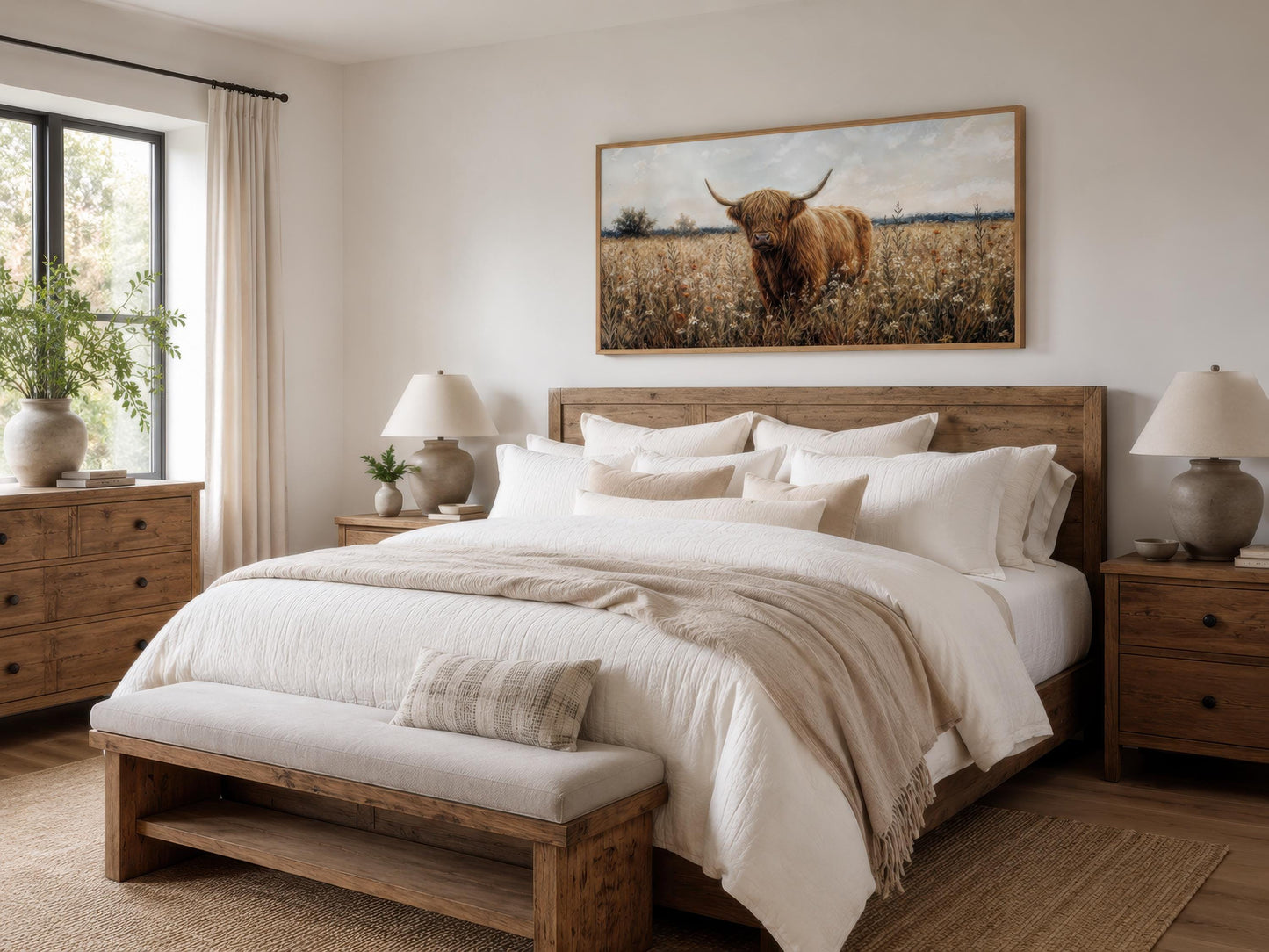 Highland Cow in Wildflower Meadow Wall Art - Rustic Farmhouse Canvas Print