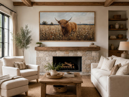 Highland Cow in Wildflower Meadow Wall Art - Rustic Farmhouse Canvas Print